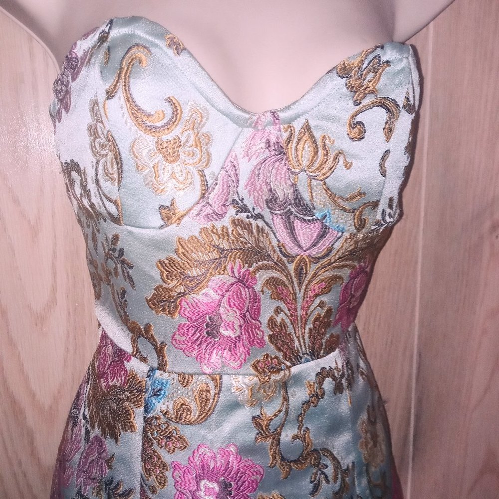 Light Blue Jacquard Floral Bandeau Skater Dress